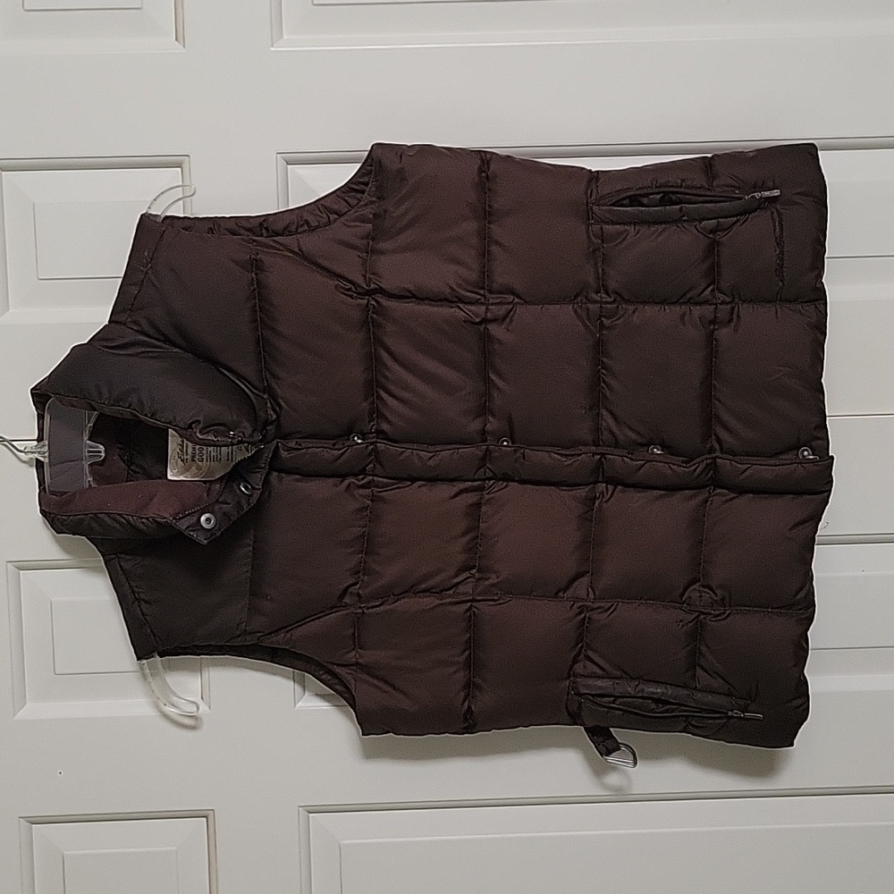 Eddie Bauer women's brown goose down zip up Snap vest sz L Outdoor Hiking